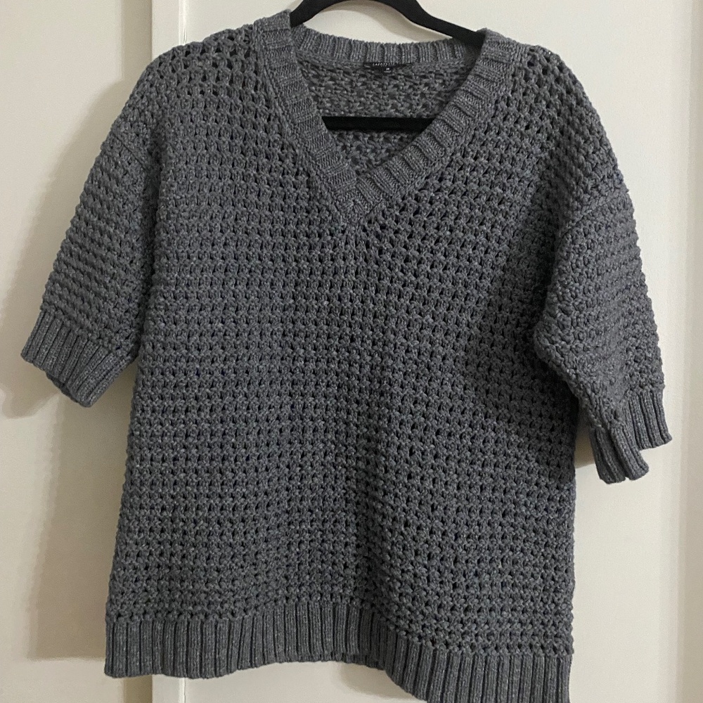 Lafayette 148 New York Grey V Neck Knit Sweater Size Medium